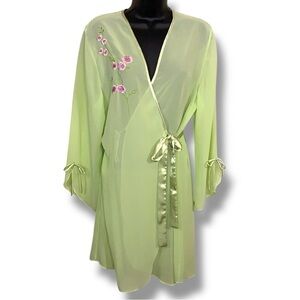 Vintage S M Body Chic Green Fairy Robe Kimono Embroidered Floral Sheer